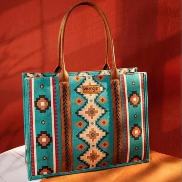 Wrangler Southwestern Pattern Dual Sided Print Canvas Wide Tote - Turquoise - Picture 2 of 14